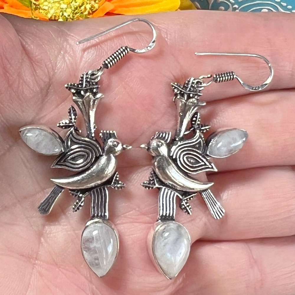 Rainbow Moonstone Earrings Long Handmade Gemstone Crystal 925 Silver Bohemian - Picture 8 of 9